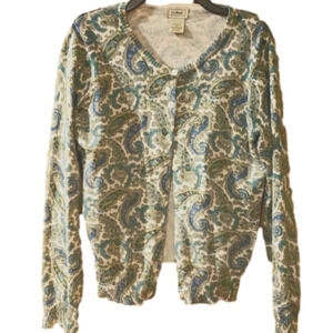 L.L. Bean paisley print cardigan green cream blue light weight sweater small